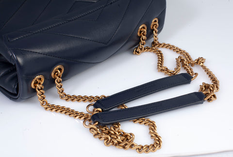 Authentic YSL Saint Laurent Navy Calfskin Quilted Small Loulou Puffer Shoulder Bag