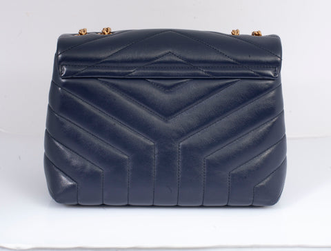 Authentic YSL Saint Laurent Navy Calfskin Quilted Small Loulou Puffer Shoulder Bag