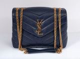 Authentic YSL Saint Laurent Navy Calfskin Quilted Small Loulou Puffer Shoulder Bag