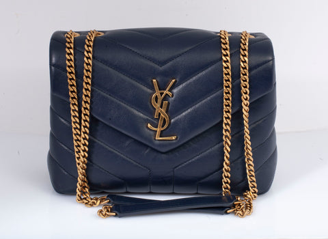 Authentic YSL Saint Laurent Navy Calfskin Quilted Small Loulou Puffer Shoulder Bag