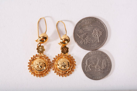 Ladies 21k Yellow Gold Sunburst Medallion Drop Earrings