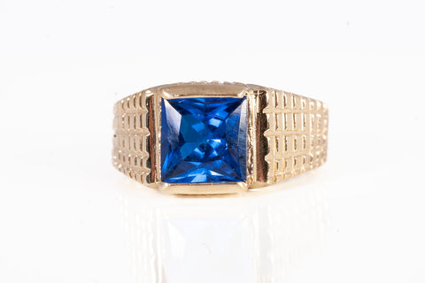 Men's 10k Yellow Gold Simulated Sapphire Pinky Ring Size 5