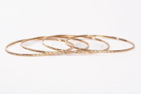 Ladies 14k Yellow Gold 2.0mm Wide Textured Bangle Bracelet Set Size 8"