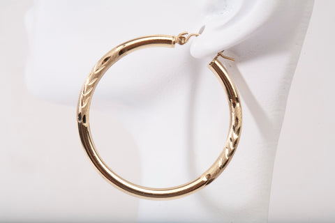 Ladies 14k Yellow Gold Diamond Cut Finish Hoop Earrings