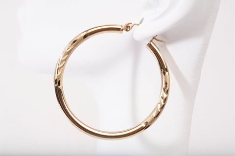 Ladies 14k Yellow Gold Diamond Cut Finish Hoop Earrings