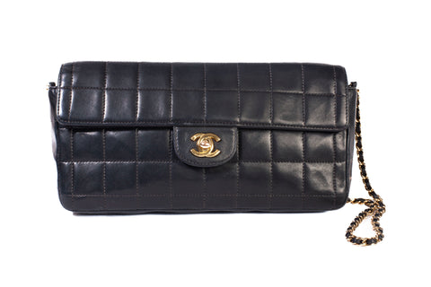 Authentic Chanel Black Lambskin Quilted Chocolate Bar Small Flap Shoulder Bag
