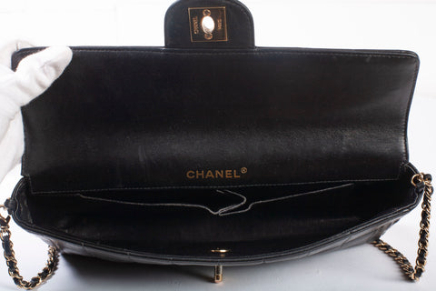 Authentic Chanel Black Lambskin Quilted Chocolate Bar Small Flap Shoulder Bag