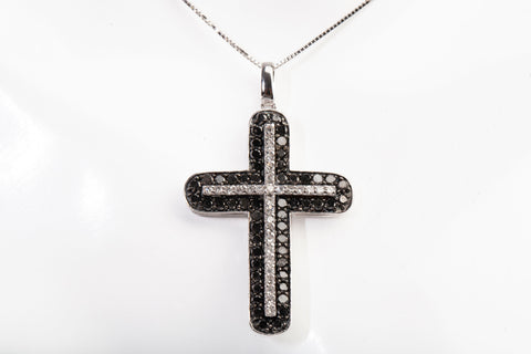 Men's 14k White Gold Pave Set Black and White Diamond Cross Pendant