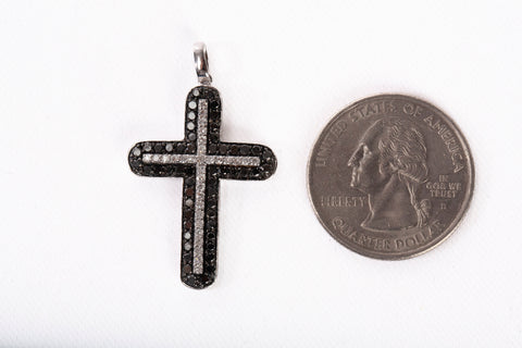 Men's 14k White Gold Pave Set Black and White Diamond Cross Pendant