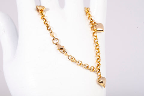 Ladies 21k Yellow Gold Heart Charm Bracelet Size 7"