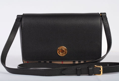 Authentic Burberry Hampshire Leather Check Canvas Crossbody Bag