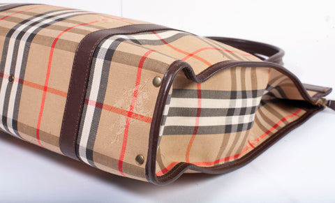 Authentic Burberry Haymarket Check Canvas and Leather Tote Bag