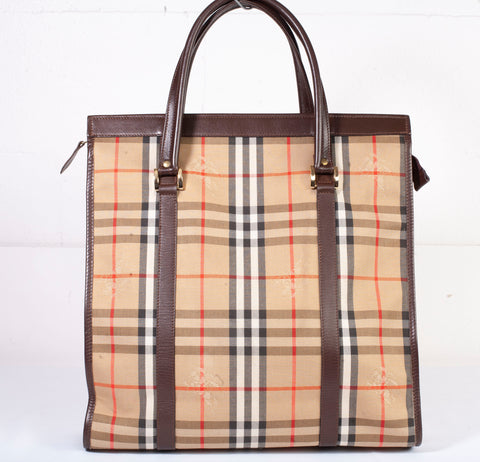 Authentic Burberry Haymarket Check Canvas and Leather Tote Bag