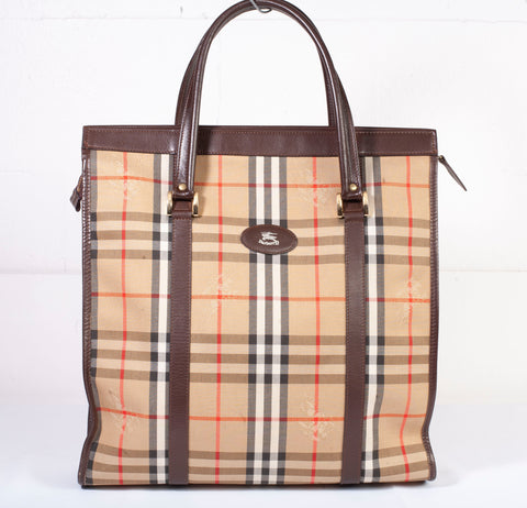Authentic Burberry Haymarket Check Canvas and Leather Tote Bag