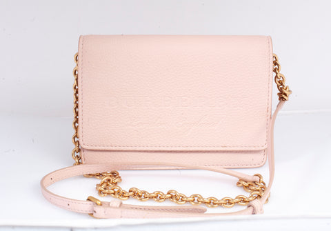 Authentic Burberry Henley Light Pink Grained Leather Wallet on Chain