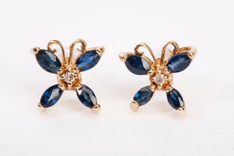 Ladies 14k Yellow Gold Synthetic Sapphire Butterfly Stud Earrings