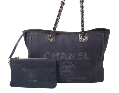 Authentic Navy Chanel Canvas Small Deauville Tote Bag