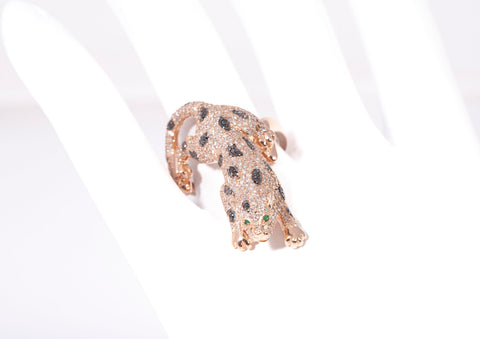 EFFY 14k Rose Gold Black and White Diamond with Emerald Accents Panther Ring