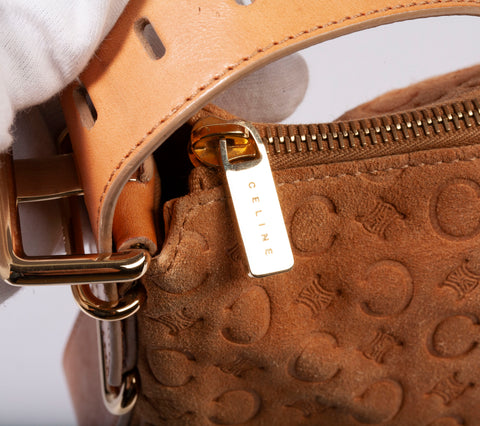 Authentic Celine Triomphe Macadam Suede/Leather Shoulder Bag
