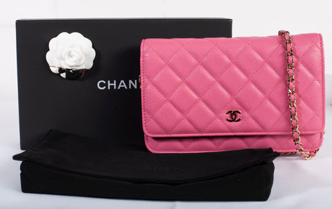Authentic Rose Chanel Caviar Quilted Wallet On Chain with Gold Tone Hardware