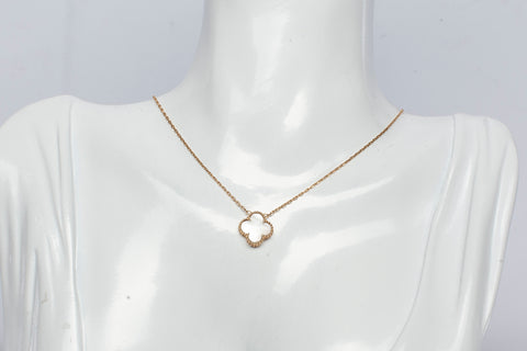 Ladies Van Cleef Inspired 18k Yellow Gold Mother of Pearl Clover Necklace