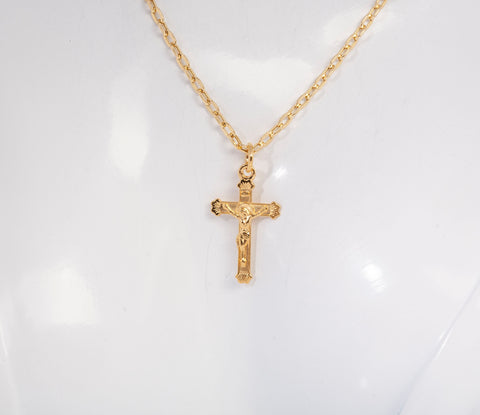 18k Yellow Gold Ladies Dainty Crucifix Pendant Forse Link Chain 18"