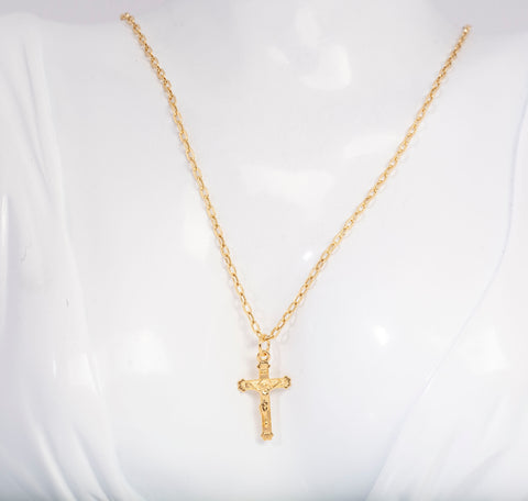 18k Yellow Gold Ladies Dainty Crucifix Pendant Forse Link Chain 18"