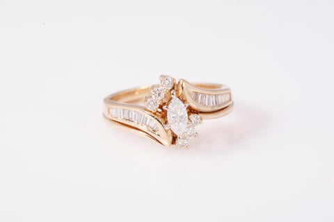 Ladies 14k Yellow Gold Marquise Diamond Bypass Engagement Ring Set