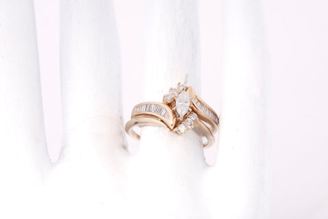 Ladies 14k Yellow Gold Marquise Diamond Bypass Engagement Ring Set