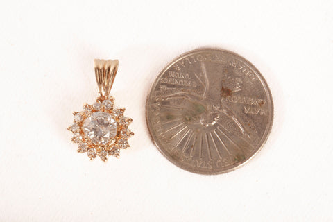 Ladies 14k Yellow Gold Round Cut Diamond Halo Sunburst Pendant