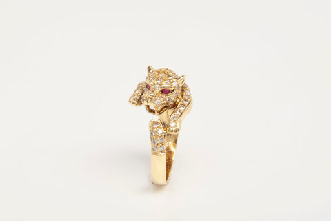 Ladies 18k Yellow Gold Panther Ruby & Diamond Accent Ring .80CTW