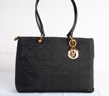 Authentic Christian Dior Black Nylon Cannage Lady Dior Tote Bag