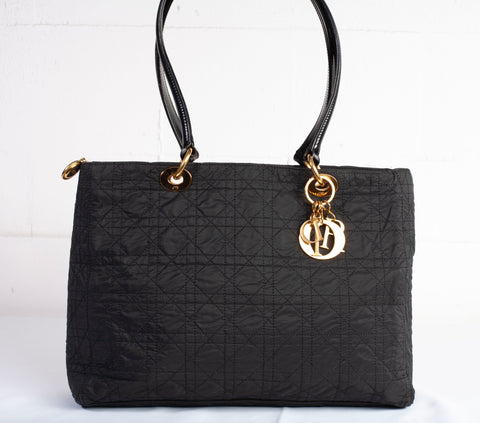 Authentic Christian Dior Black Nylon Cannage Lady Dior Tote Bag