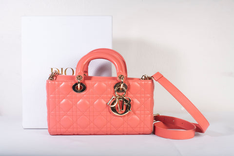 Authentic Christian Dior Coral Small Lady D-Joy Lambskin Cannage Handbag