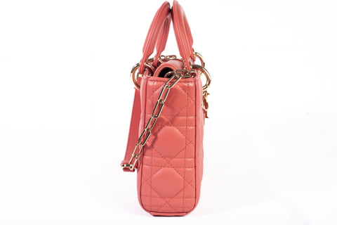 Authentic Christian Dior Coral Small Lady D-Joy Lambskin Cannage Handbag