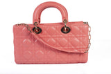 Authentic Christian Dior Coral Small Lady D-Joy Lambskin Cannage Handbag