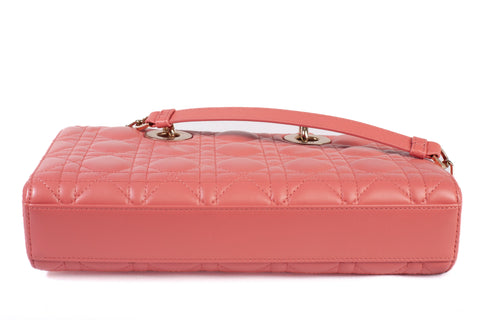 Authentic Christian Dior Coral Small Lady D-Joy Lambskin Cannage Handbag