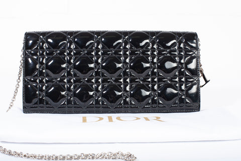 Authentic Christian Dior Black Patent Cannage Lady Dior Large Pouch