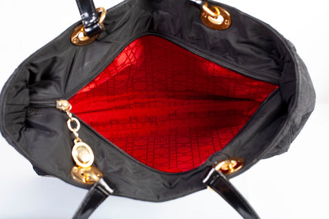 Authentic Christian Dior Black Nylon Cannage Lady Dior Tote Bag