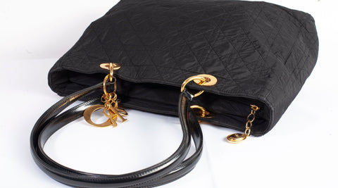 Authentic Christian Dior Black Nylon Cannage Lady Dior Tote Bag