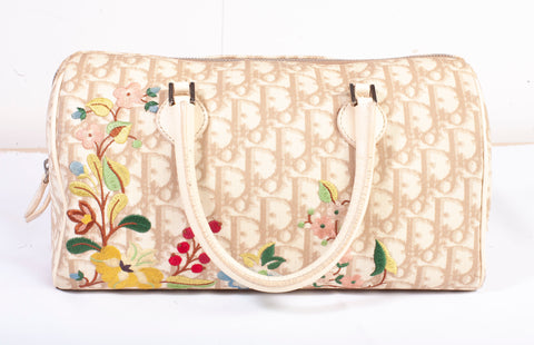 Authentic Christian Dior Beige Embroidered Diorissmo Boston Bag