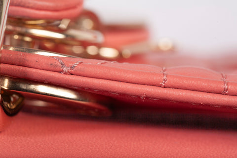 Authentic Christian Dior Coral Small Lady D-Joy Lambskin Cannage Handbag