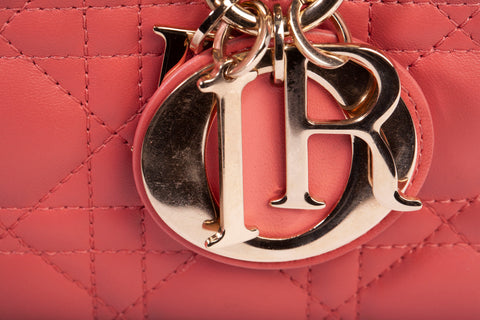Authentic Christian Dior Coral Small Lady D-Joy Lambskin Cannage Handbag