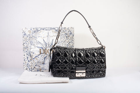 Authentic Christian Dior Patent Cannage New Lock Flap Black