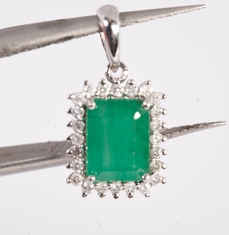Ladies 18k White Gold Emerald with Diamond Accents Pendant