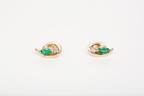 14k Yellow Gold Marquise Cut Emerald & Round Cut Diamond Accent Stud Earrings