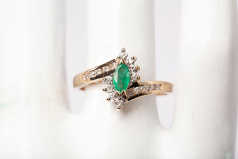 Ladies 10k Yellow Gold Emerald with Diamond Accents Bypass Ring