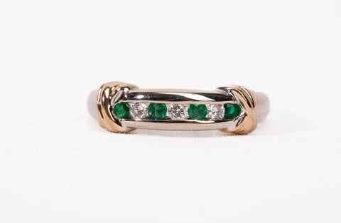 Ladies 14k Two-Tone Channel Set Diamond and Emerald Half Eternity Band