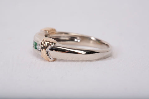 Ladies 14k Two-Tone Channel Set Diamond and Emerald Half Eternity Band