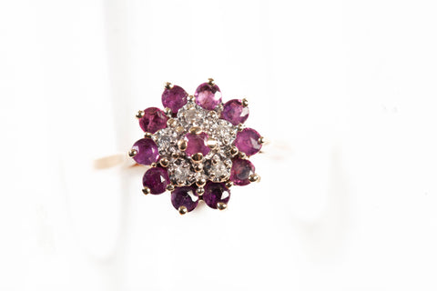 Ladies 10k Yellow Gold Ruby Flower Ring with Diamond Accents Size 4.75"